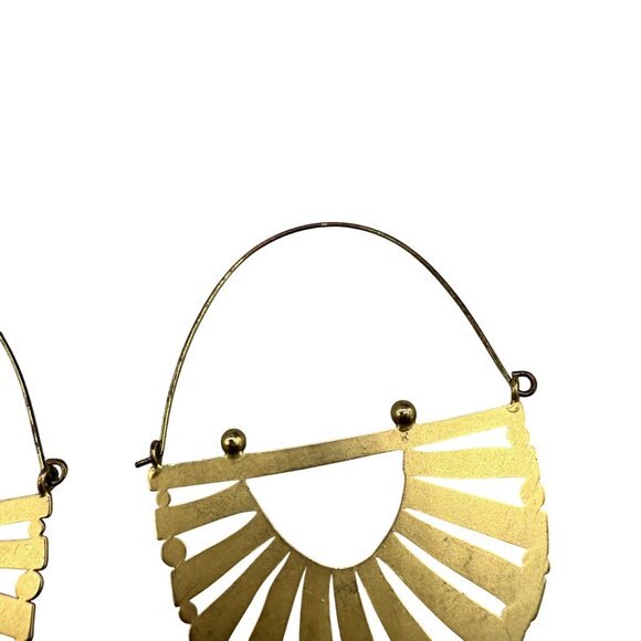 Boho Chic Openwork Fan Hoop Earrings Gold Tone Geometric Tribal Statement - Picture 4 of 7